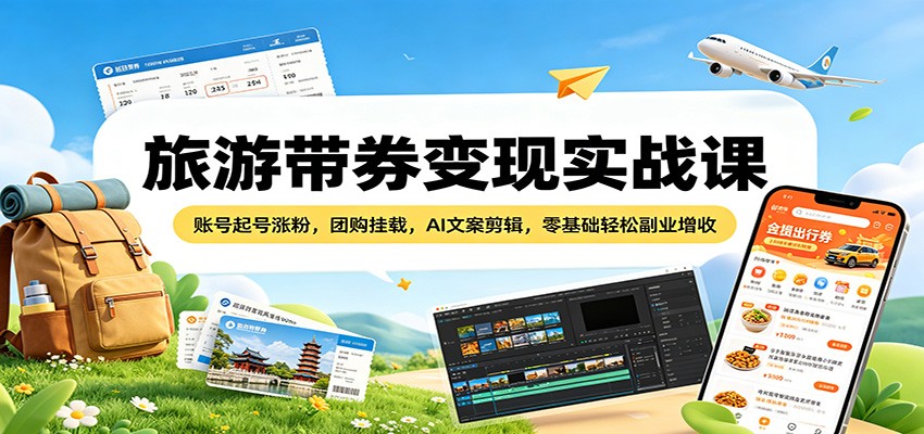旅游带券变现实战课：账号起号涨粉，团购挂载，AI文案剪辑，零基础轻松副业增收-熊猫博客