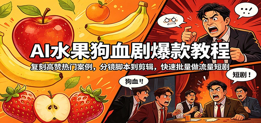 AI水果狗血剧爆款教程：复刻高赞热门案例，分镜脚本到剪辑，快速批量做流量短剧-熊猫博客