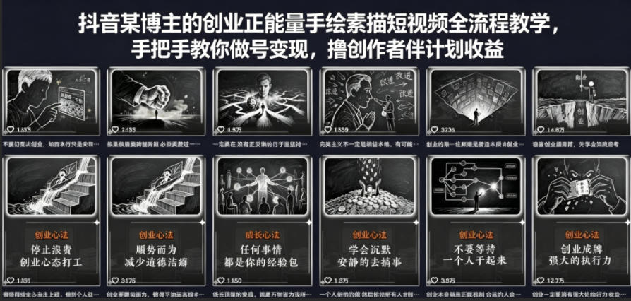 抖音某博主的创业正能量手绘素描短视频全流程教学,手把手教你做号变现,撸创作者伙伴计划收益-熊猫博客