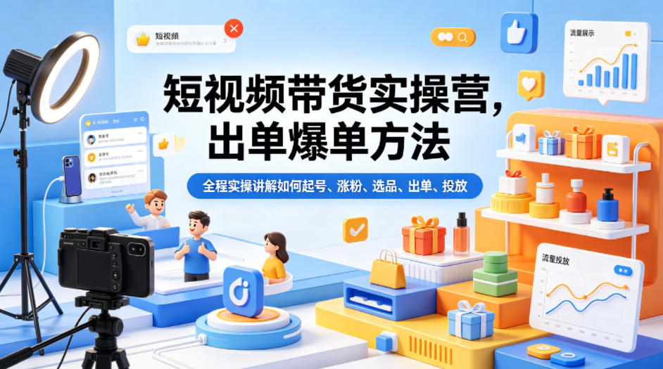 短视频带货实操营，出单爆单方法，全程实操讲解如何起号、涨粉、选品、出单、投放-熊猫博客