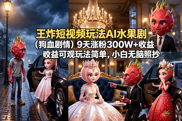 王炸短视频玩法AI水果剧(狗血剧情)9天涨粉300W+收益可观玩法简单,小白无脑照抄,详细拆解玩法-熊猫博客